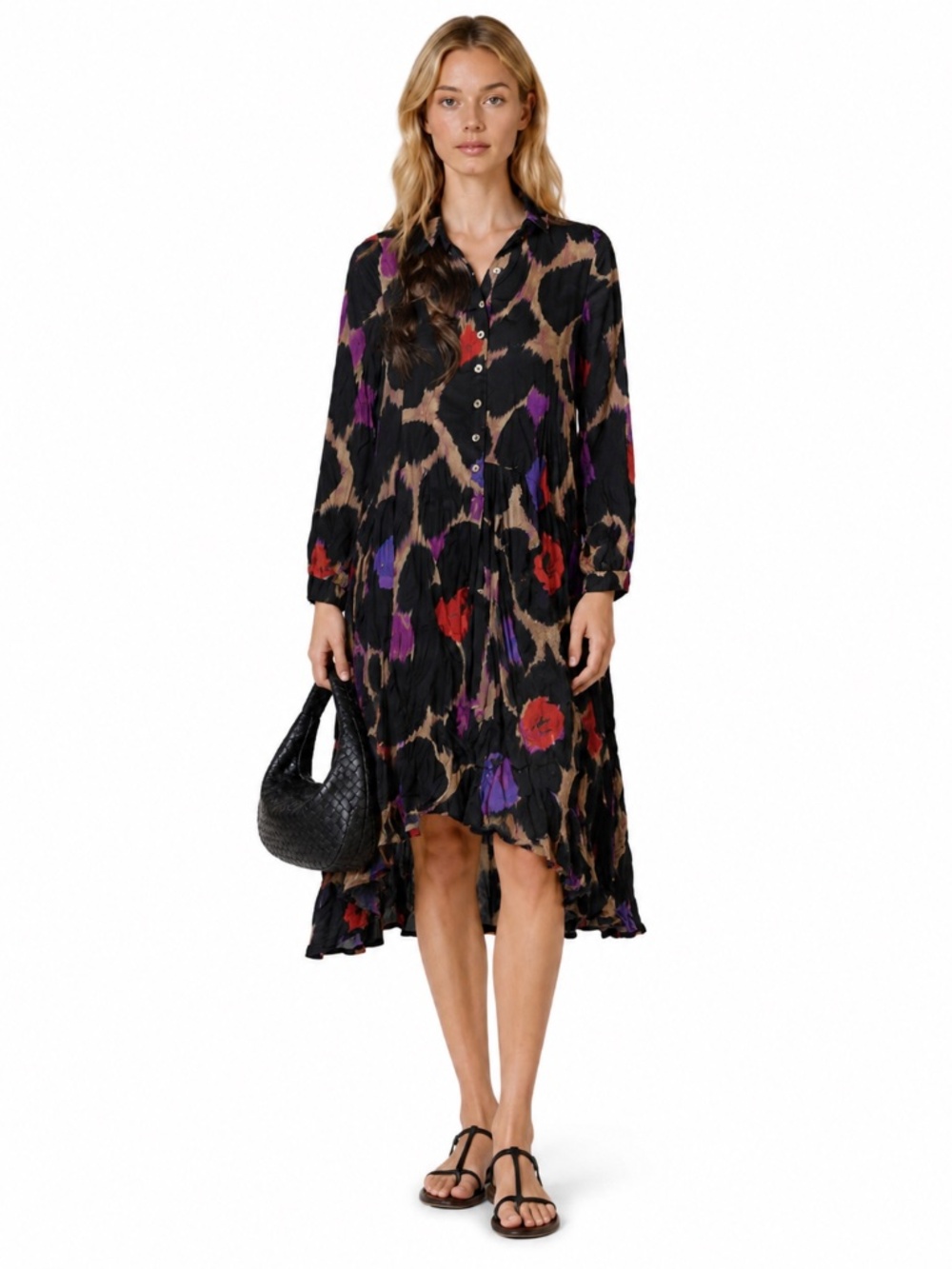 Alembika Cosmopolitan Crinkle Satin Hi Low Shirt Dress 0 (4-6) Black Art To Wear